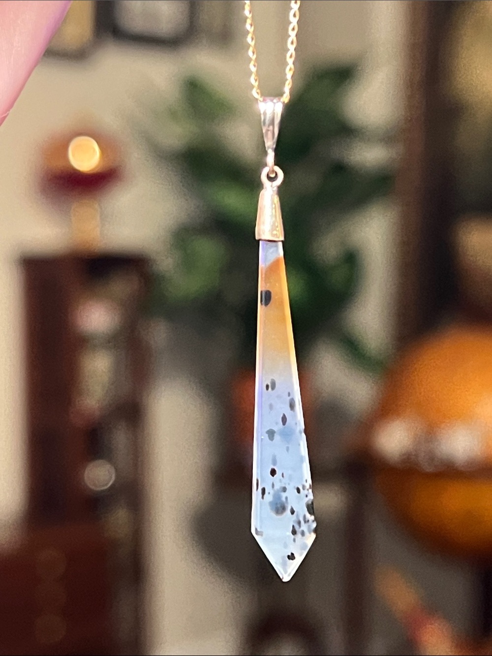 RARE Art Deco Dendritic Agate Kite Shaped Point Pendant Gold Filled Necklace
